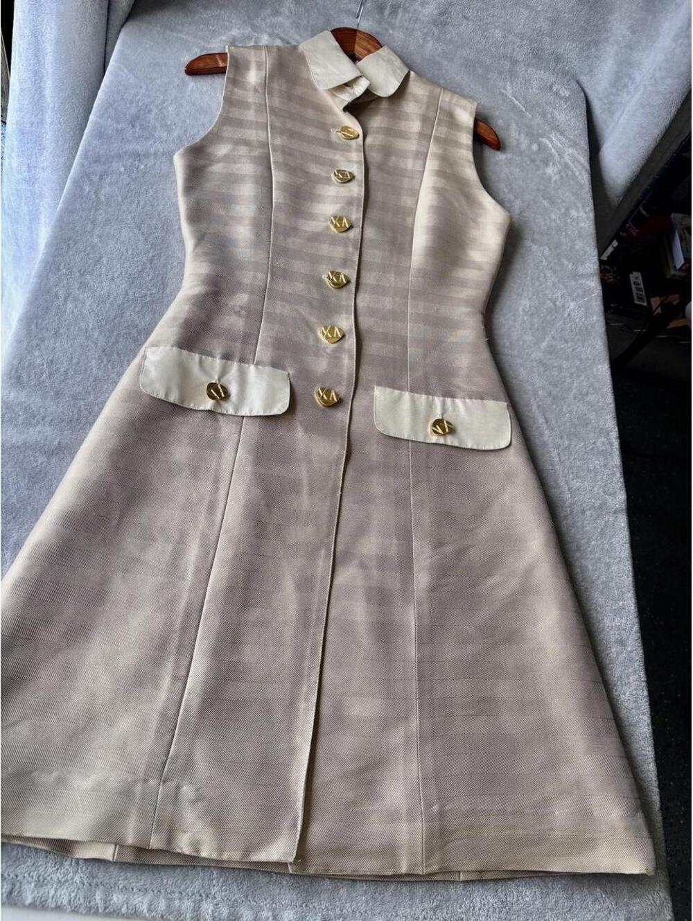VINTAGE 60s Style Karl Lagerfeld Herringbone Midi Dress Monogram Buttons Sze 0-2